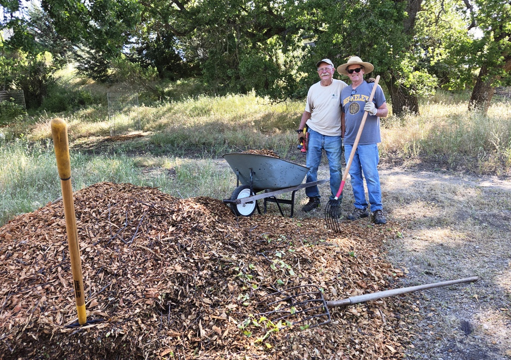 Cory and Jim loading mulch into wheelbarrows